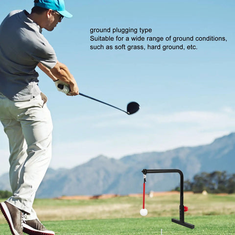 Golfer using Golf Swing Trainer For Home Practice Easy Install Groover And Training Aid on grass with mountains in background.