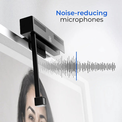 Pro 4K Eye Level Webcam With Retractable Arm For Flawless Video Calls And Live Streaming On PC And Mac showing noise-reducing microphones.