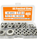 YoSpciaNe 405-piece stainless steel flat washers assortment kit in a clear plastic case, metric M3–M12 (304 stainless)