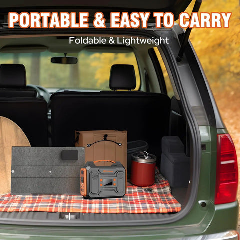 Portable Solar Generator 300W Power Station with Foldable 60W Solar Panel in car trunk for camping and outdoor use.