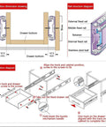 Installation diagram for Heavy Duty Under Desk Keyboard Slide Full Extension Telescopic Track Rail with dimensions and rail structure.
