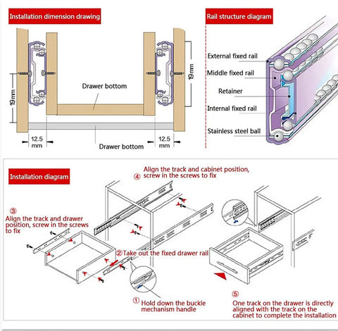 Installation diagram for Heavy Duty Under Desk Keyboard Slide Full Extension Telescopic Track Rail with dimensions and rail structure.
