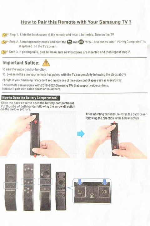 Instruction manual for Universal TV Remote Replacement For Smart TVs, No Fuss Setup And Plug And Play, showing pairing steps.