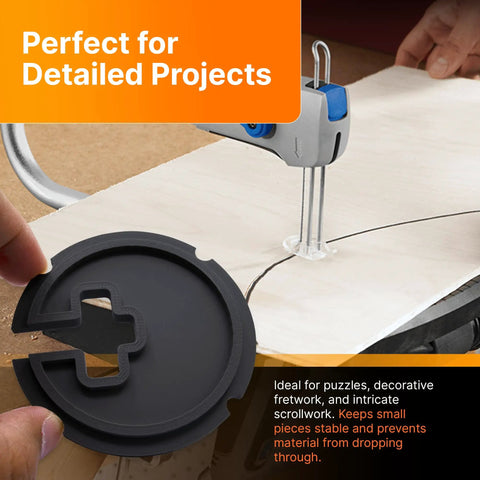Close-up of Pro Grade Zero Clearance Table Insert for Dremel 1671 Scroll Saw, enhancing precise cutting on wood project.