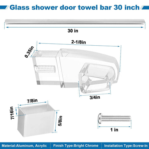 Top Shelf 30 Inch Bright Chrome Glass Shower Door Towel Bar With Sleek Silver Clear Brackets and Easy Peasy Handle dimensions and details.