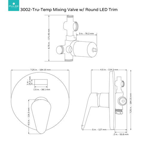 Technical diagram of Tru-Temp Pressure Balance Rough-In Valve Trim Kit With LED Temperature Display, round brushed nickel finish