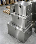 Portable Stainless Steel Tool Box With Heavy Duty Side Handles And Locking Lid And Hella Sturdy Metal Storage Organizer Built Like A Tank For Home Garage Workshop And Yard Projects, stacked three units.