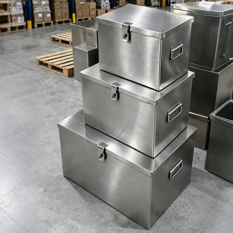 Portable Stainless Steel Tool Box With Heavy Duty Side Handles And Locking Lid And Hella Sturdy Metal Storage Organizer Built Like A Tank For Home Garage Workshop And Yard Projects, stacked three units.
