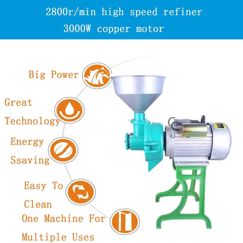 Beefy 3000W Powerhouse Commercial Grain Mill And Flour Grinder with large funnel feed and industrial motor.