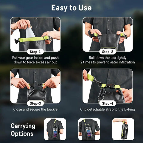 Steps to use the IP68 Waterproof Dry Bag 2L Roll Top Backpack With Phone Case, showing closure and carrying methods.