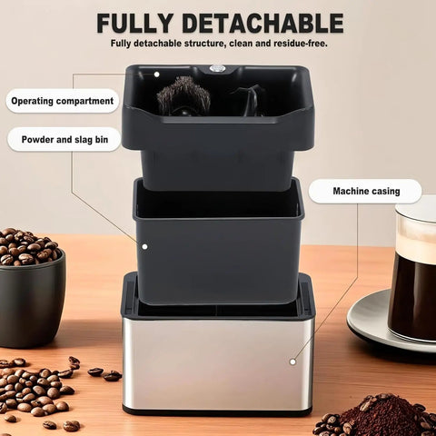 Game Changer Electric Espresso Knock Box And Automatic Portafilter Cleaner With Dual Scrubbers For No Sweat Coffee Ground Cleanup, fully detachable parts.