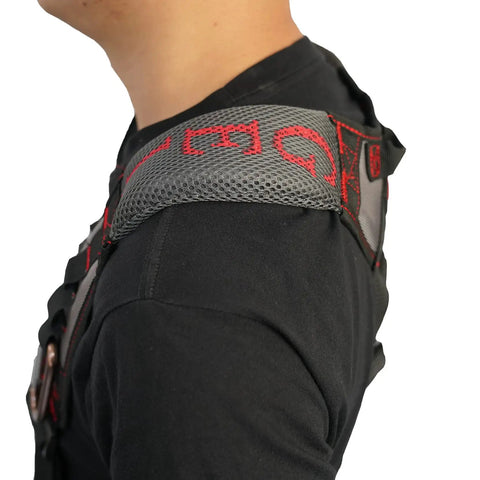 Close-up of red gel padded shoulder strap on gel padded tool belt suspenders for construction work, breathable with 3-inch loops.