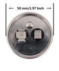 Top view of 25UF 450V AC CBB65 Round Start Capacitor for motors, fans, compresssors, 50mm diameter, two terminal connectors.