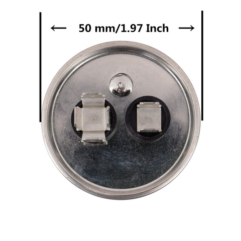 Top view of 25UF 450V AC CBB65 Round Start Capacitor for motors, fans, compresssors, 50mm diameter, two terminal connectors.