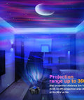 Room with Star Projector With Bluetooth Speaker Remote For Bedroom And Parties Dope Vibe illuminating galaxy and moon images.