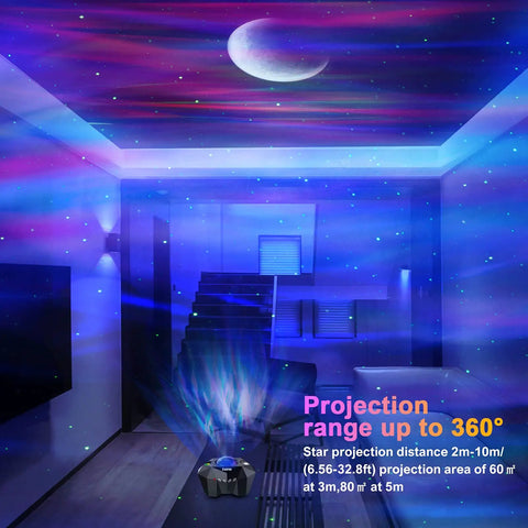 Room with Star Projector With Bluetooth Speaker Remote For Bedroom And Parties Dope Vibe illuminating galaxy and moon images.