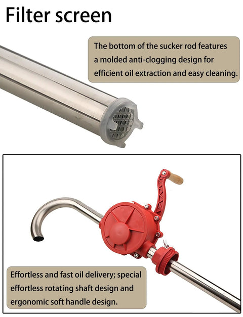 Heavy Duty Manual Fuel Transfer Pump For Drum Barrels, Hand Pump With 1 Meter Hose, Portable For Diesel Gasoline And Heating Oil, Easy Transfer, No-Fuss Operation, Delivers Up To 8 Gallons Per Minute. Filter screen and red hand pump with metal tube.