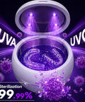 Ultrasonic Retainer Cleaner Machine With 3 Retainer Cleaning Tablets, open unit showing UVA-UVB light and aligners inside