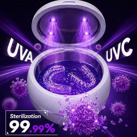 Ultrasonic Retainer Cleaner Machine With 3 Retainer Cleaning Tablets, open unit showing UVA-UVB light and aligners inside