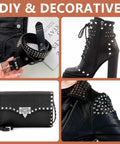 Four studded fashion items with silver pyramid studs: belt, heeled ankle boot, black clutch, and leather jacket.