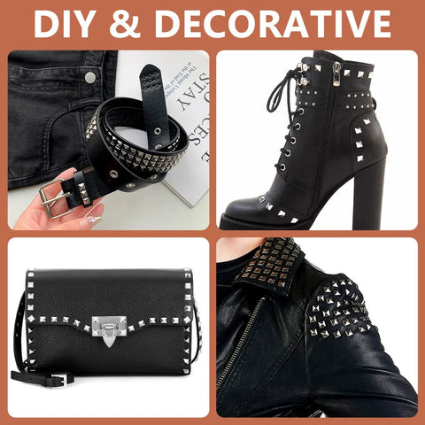 Four studded fashion items with silver pyramid studs: belt, heeled ankle boot, black clutch, and leather jacket.