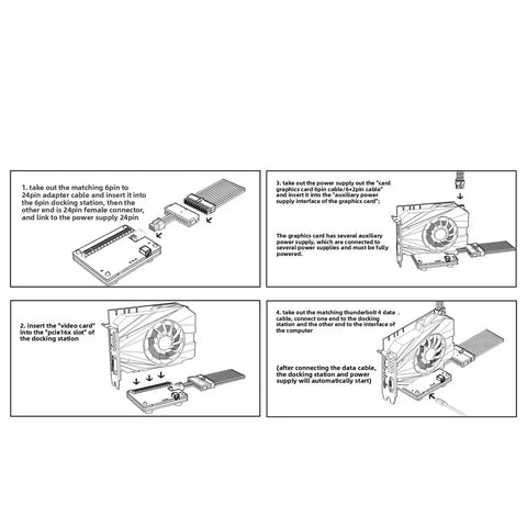 Instructional diagram for Plug And Play Usb4 External Gpu Dock Station with PCIe 16x Graphics Enclosure setup steps.