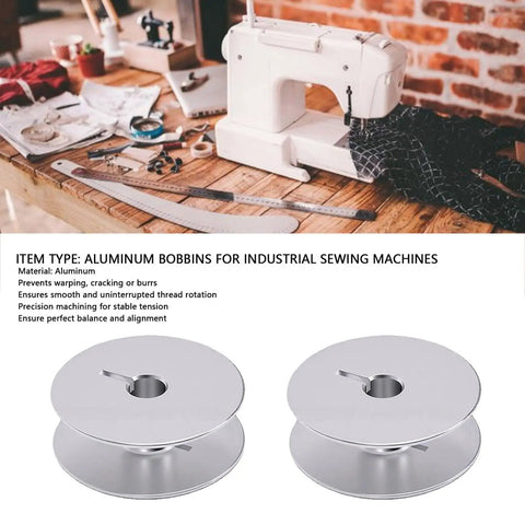 Top Shelf Aluminum Industrial Sewing Machine Bobbins 32 Mm Cnc Machined Dead On Balanced Winding Twin Pack on wooden table.