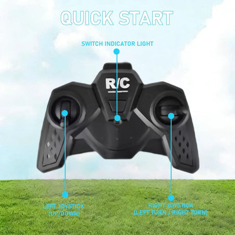 Remote controller for Gesture Sensing Indoor Flying Helicopter With Colorful LED Lights For Home Entertainment shown on grass.
