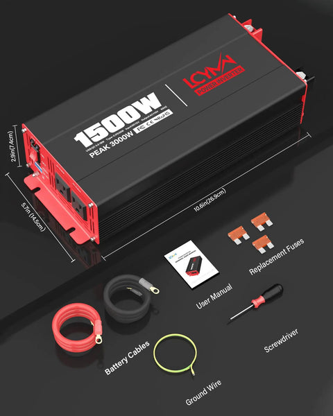 3000W Power Inverter Dc 12V To Ac 120V With Four Outlets Quick Charge Usb Ports Lcd Display, showing cables, user manual, and fuses.