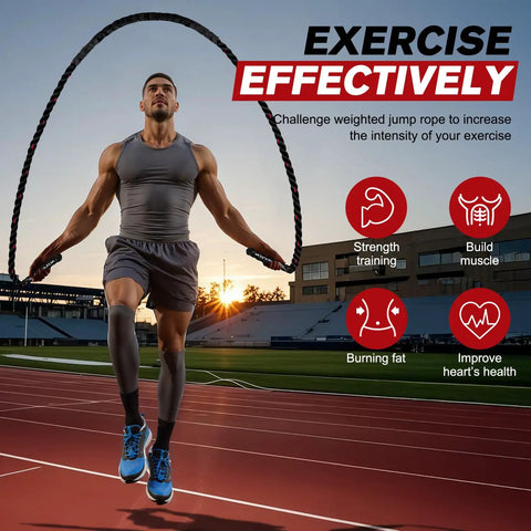 Man using Heavy Weighted Jump Rope For Full Body Workout 9.2ft Length 2.8lb Rope For Cardio Burn And Fitness Boxing Training Home Gym
