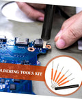 Hands using 7 Piece Soldering Repair Tool Kit With Desoldering Pump And Wick, Double Sided Soldering Aids For Circuit Board Maintenance