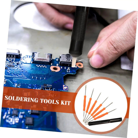 Hands using 7 Piece Soldering Repair Tool Kit With Desoldering Pump And Wick, Double Sided Soldering Aids For Circuit Board Maintenance