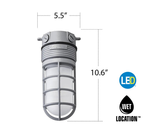 LED Ceiling Mount Vapor Light 4000K 15W 600 Lumens 120V Gray With Rugged Die Cast Aluminum Housing And Frosted Glass Globe