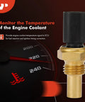 Front view of engine coolant temperature sensor, 2-pin, brass threaded body with black plastic cap.