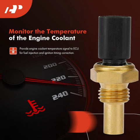 Front view of engine coolant temperature sensor, 2-pin, brass threaded body with black plastic cap.