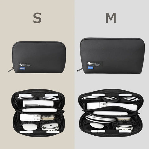 Two sizes of Waterproof Travel Tech Pouch Electronics Organizer Cable Case for chargers, cables, and small gadgets in black, front and open views.