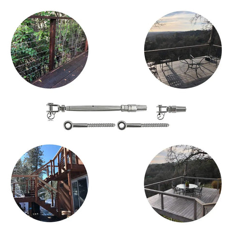 10 Pack 1/8 Inch Cable Railing Kit with 316 Stainless Steel Swageless Tensioners Welded Forks Eye Terminals and Wood Screws