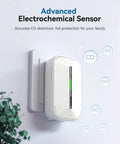 The Real Deal Plug In CO Gas Detector With 10 Year Sealed Battery Plus AC Backup showing gentle breathing LED glow on a wall.