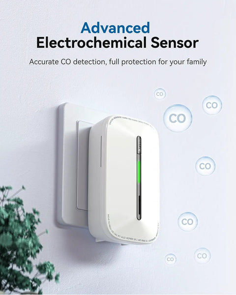 The Real Deal Plug In CO Gas Detector With 10 Year Sealed Battery Plus AC Backup showing gentle breathing LED glow on a wall.