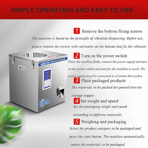 Simple operation instructions for Dead On Accuracy Automatic Powder And Granule Filling Machine With Microcomputer Controlled Weighing From One Gram To Five Hundred Grams For Quick Commercial Bag And Bottle Packing.