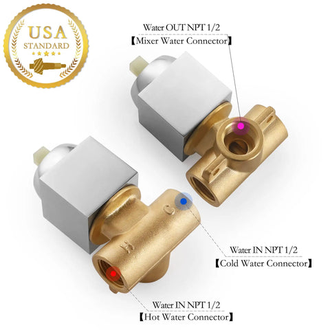 Wall Mount Shower Mixing Valve Kit with Durable Brass Body, Polished Chrome Trim, and Half Inch NPT Connectors.