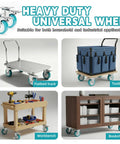 Killer 4 Inch Caster Wheels Heavy Duty TPR Silent Rollers on flatbed truck, toolbox, workbench, and bookshelf.