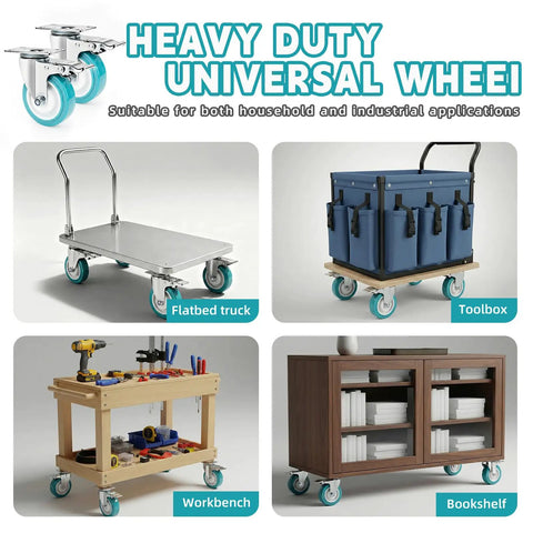 Killer 4 Inch Caster Wheels Heavy Duty TPR Silent Rollers on flatbed truck, toolbox, workbench, and bookshelf.