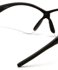 Black Frame Safety Glasses With Clear Anti Fog Lenses And LED Temples, Ventilated Design, rear view showing flexible straight back temples