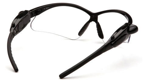 Black Frame Safety Glasses With Clear Anti Fog Lenses And LED Temples, Ventilated Design, rear view showing flexible straight back temples