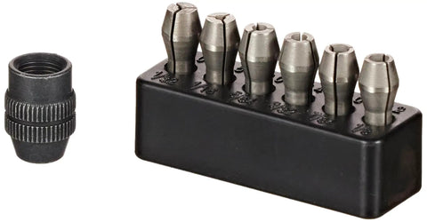 Six Piece Micromot Steel Collets Set for Micromot Machines, includes 1/32 to 1/8 inch collets, shown with holder and clamping nut.