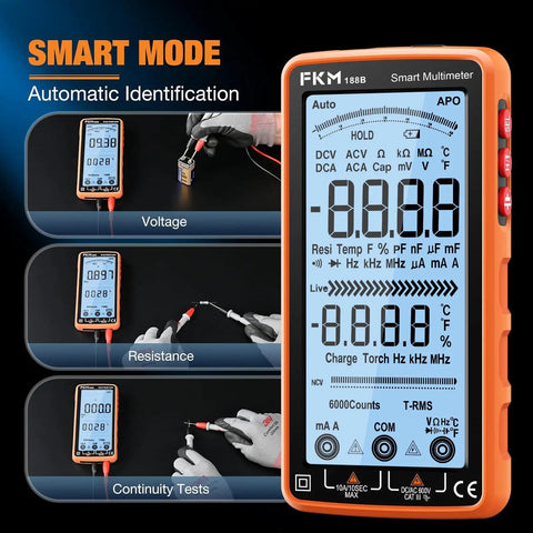 Beast Mode Rechargeable Digital Multimeter Tester With Auto Range TRMS 6000 Counts For AC DC Voltage And Current Temperature Resistance Capacitance Frequency Duty Cycle Continuity Diodes And Non Contact Voltage NCV Tester For Home Tech Projects orange smart multimeter