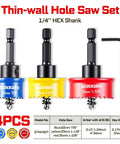 4 Piece Impact Hole Saw Set for Thin Metal Wood PVC and Drywall includes 7/8 1-1/8 and 1-3/8 inch M42 Cobalt Bi Metal cutters