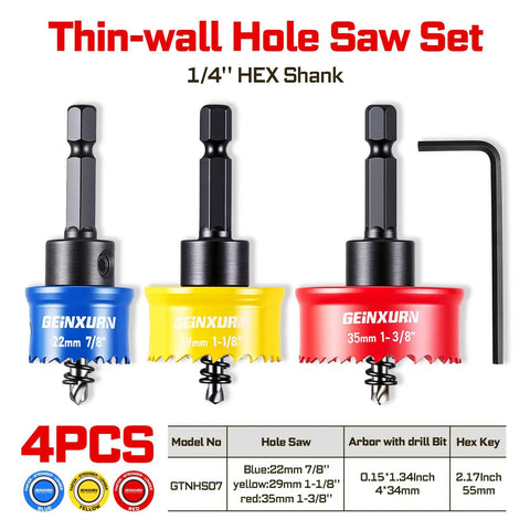 4 Piece Impact Hole Saw Set for Thin Metal Wood PVC and Drywall includes 7/8 1-1/8 and 1-3/8 inch M42 Cobalt Bi Metal cutters