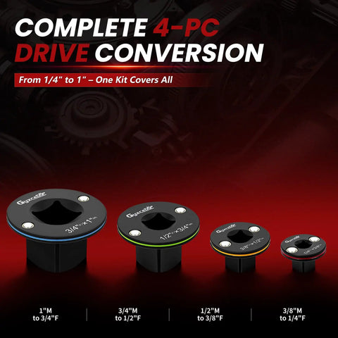 Upgraded Low Profile Impact Socket Adapter Set Perfect For Tight Spaces With Cr-Mo Construction And A Complete 4-Pc Kit To Convert Drive Sizes Smoothly, 4-piece adapters shown